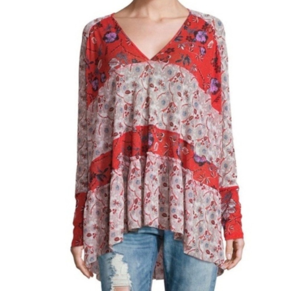 Free People Isabelle Red Floral Mixed Print V-Neck Long Sleeve Top Size M Boho